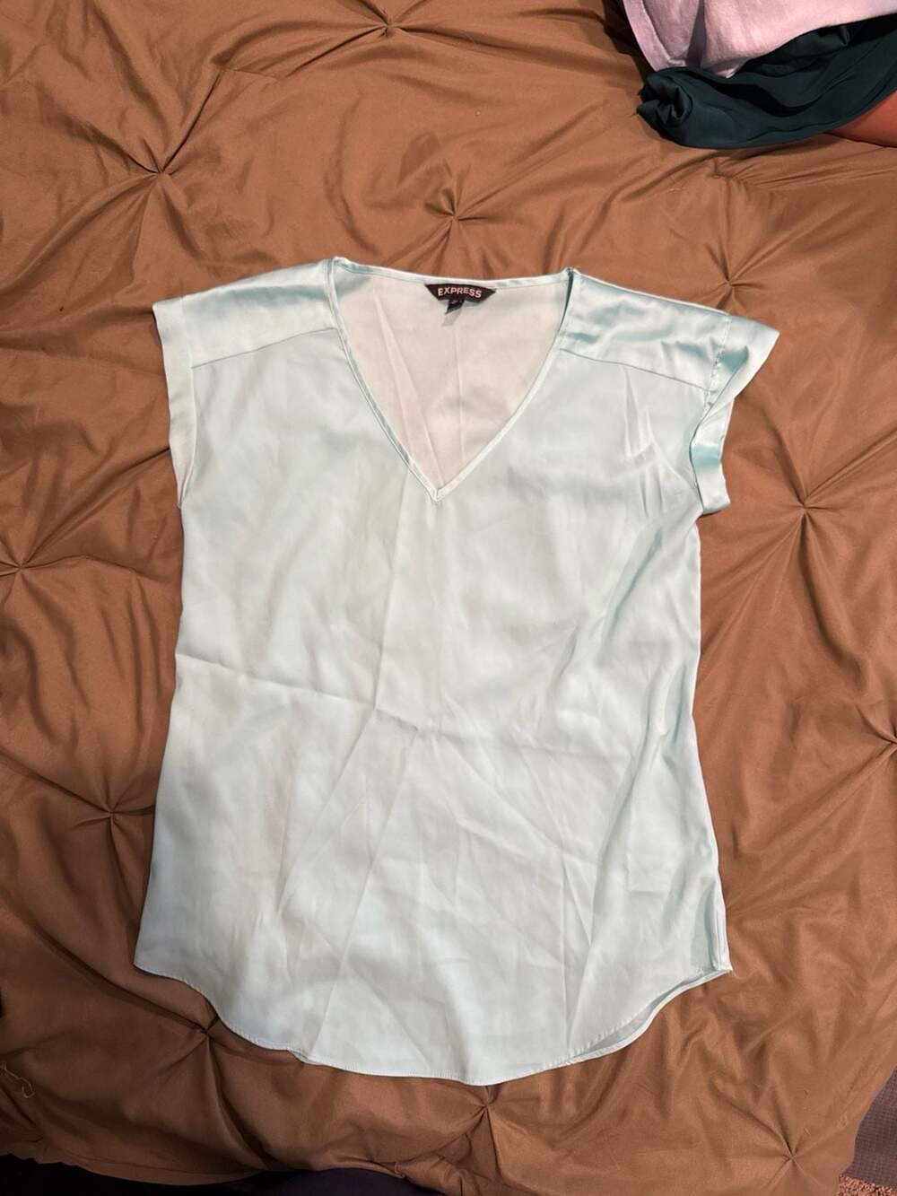 Express Light Blue Satin V-Neck Cap Sleeve Gramercy Tee Blouse